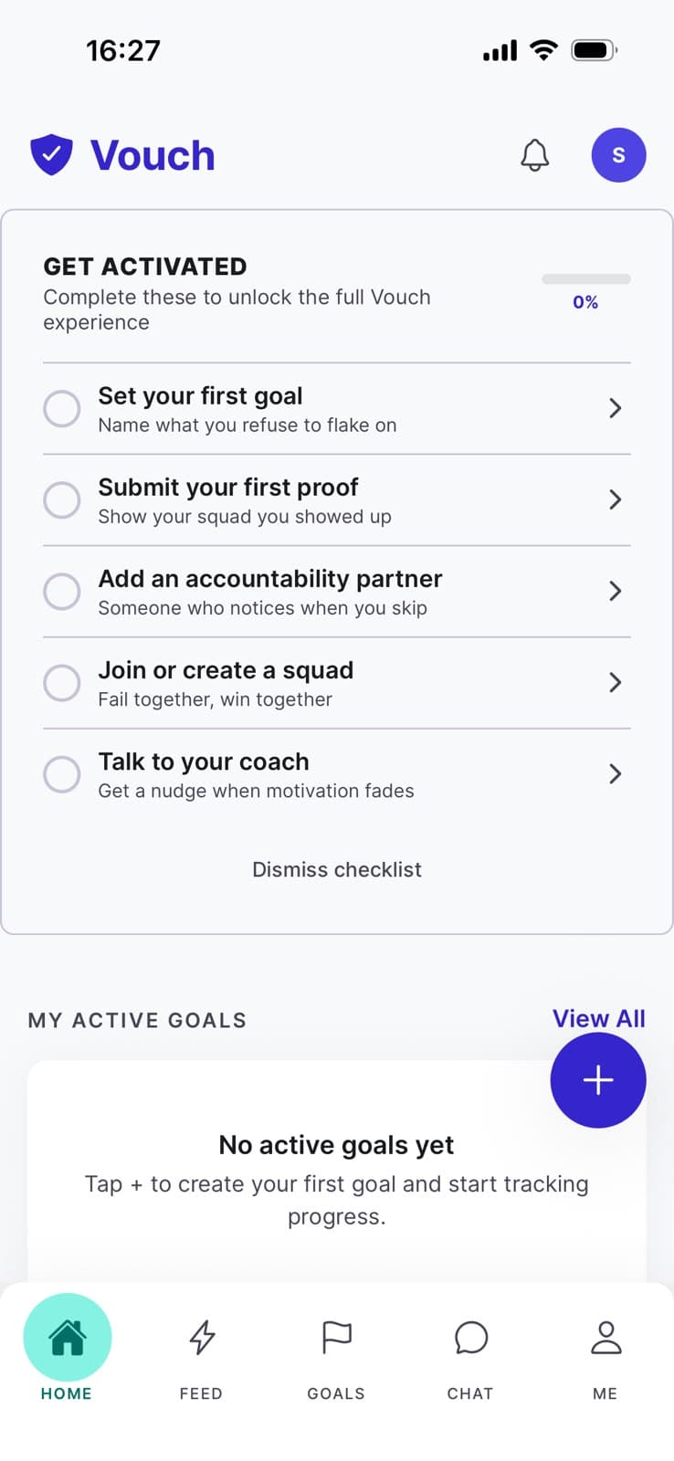 Vouch app home screen showing goal activation checklist