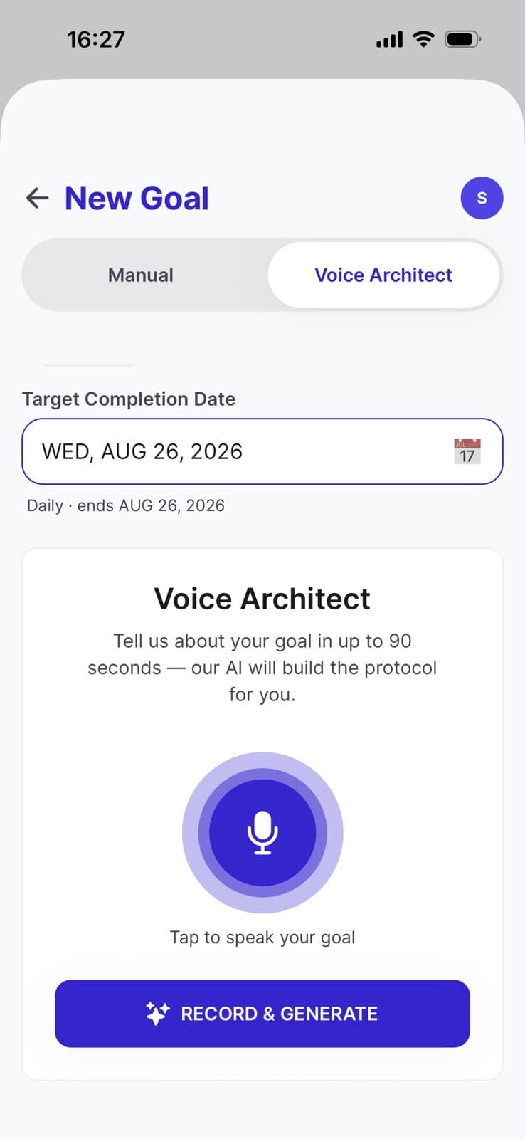 Vouch Voice Architect screen for AI goal creation